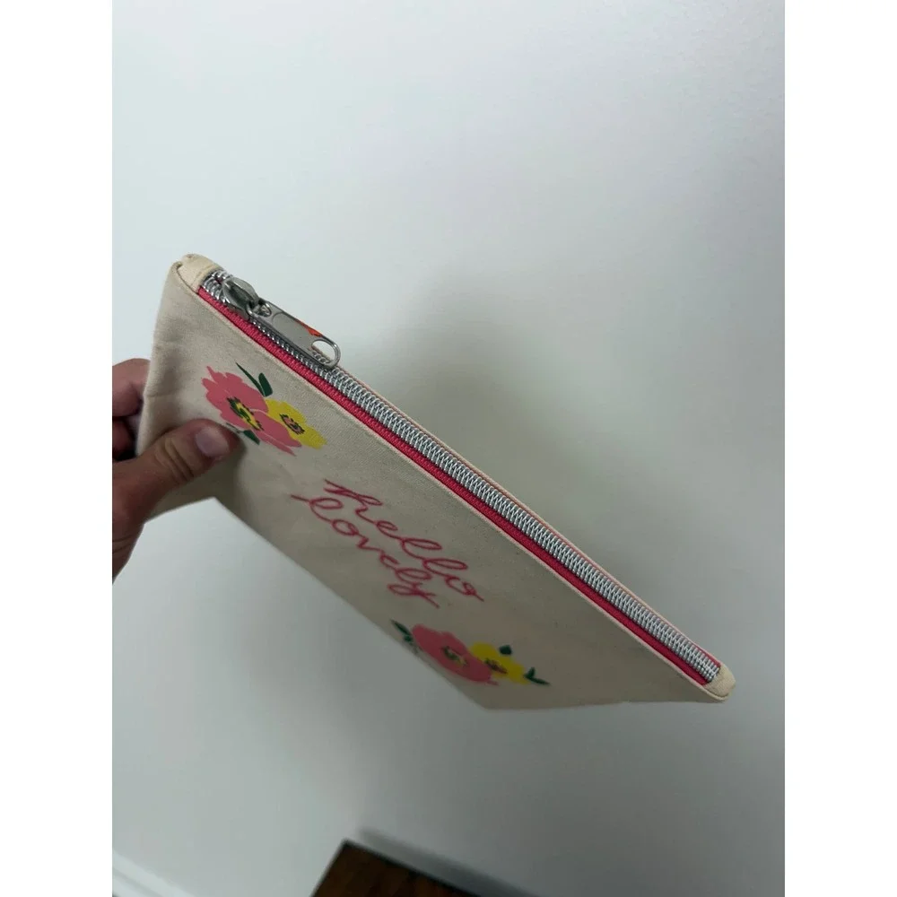 Hello Lovely Canvas Zipper Pouch Floral Makeup Travel Bag Cream Pink